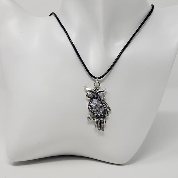Owl Pendant White & Purple Metallic Resin Necklace - Picture 1 of 8